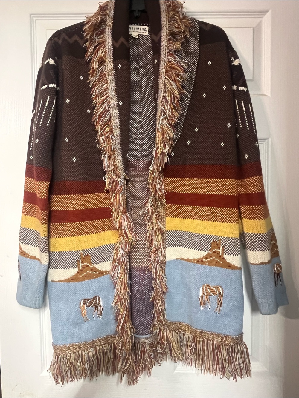 Idyllwind Miranda Lambert Brown Blue Yellow Fringe Southwestern Knit Coatigan